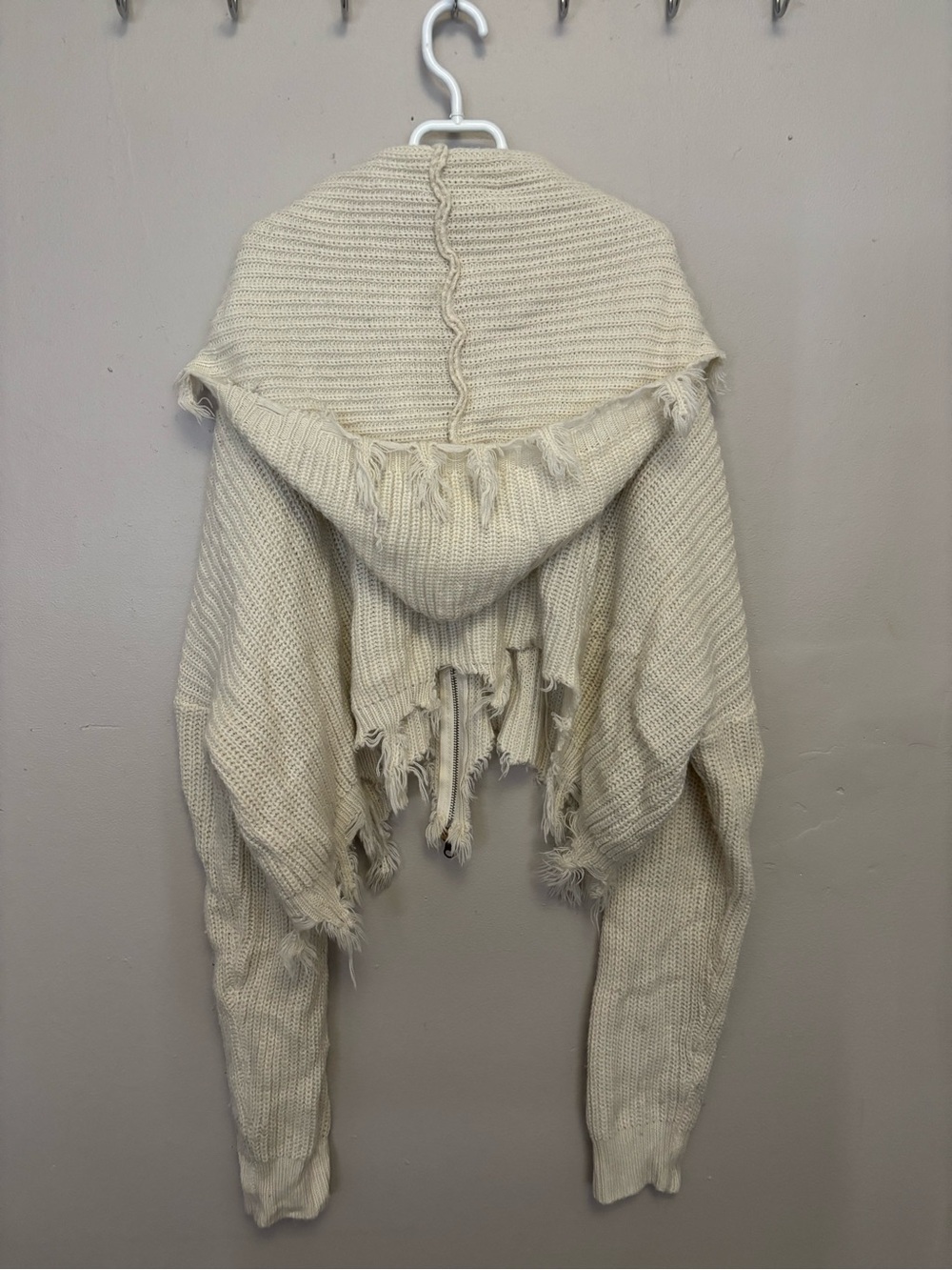 Distressed knit zip up hoodie - Cream
